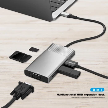 

8 in 1 5Gbps USB 3.1 Type-C HUB 4K HDMI 1080P VGA 2 USB3.0 TF PD Audio Adapter Notebook Smartphone Expansion Converter