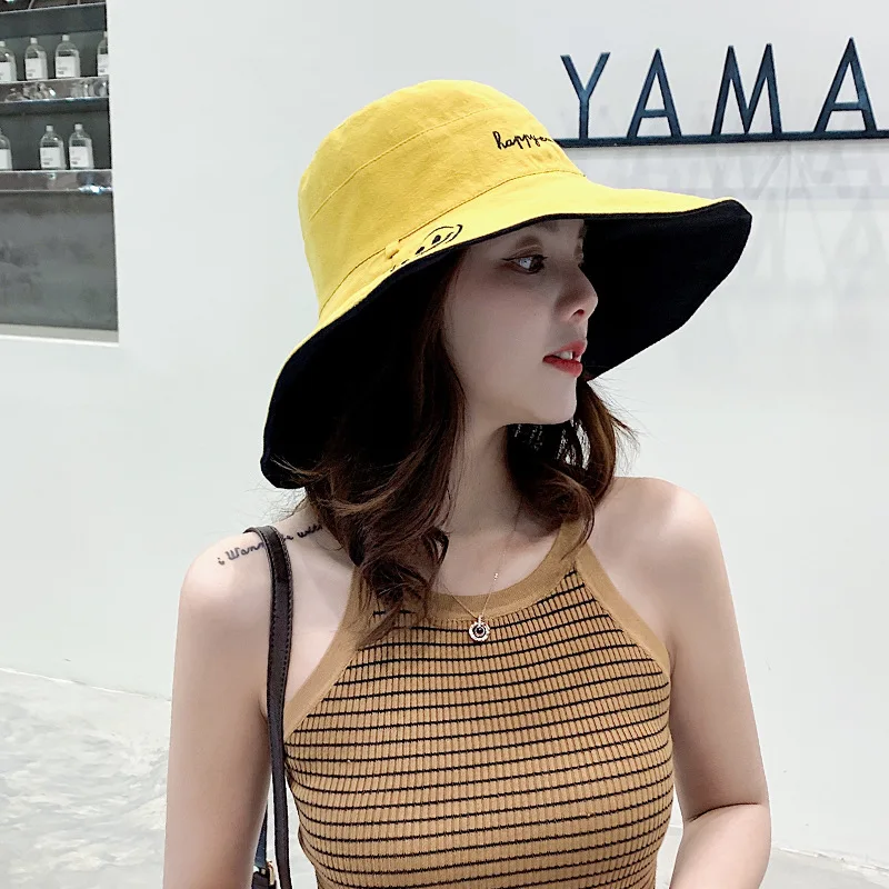 Двухсторонняя одежда ведро шляпа для женщин harajuku корейский стиль с смайликом лицо вышивка Защита от солнца шапки для женщин B03