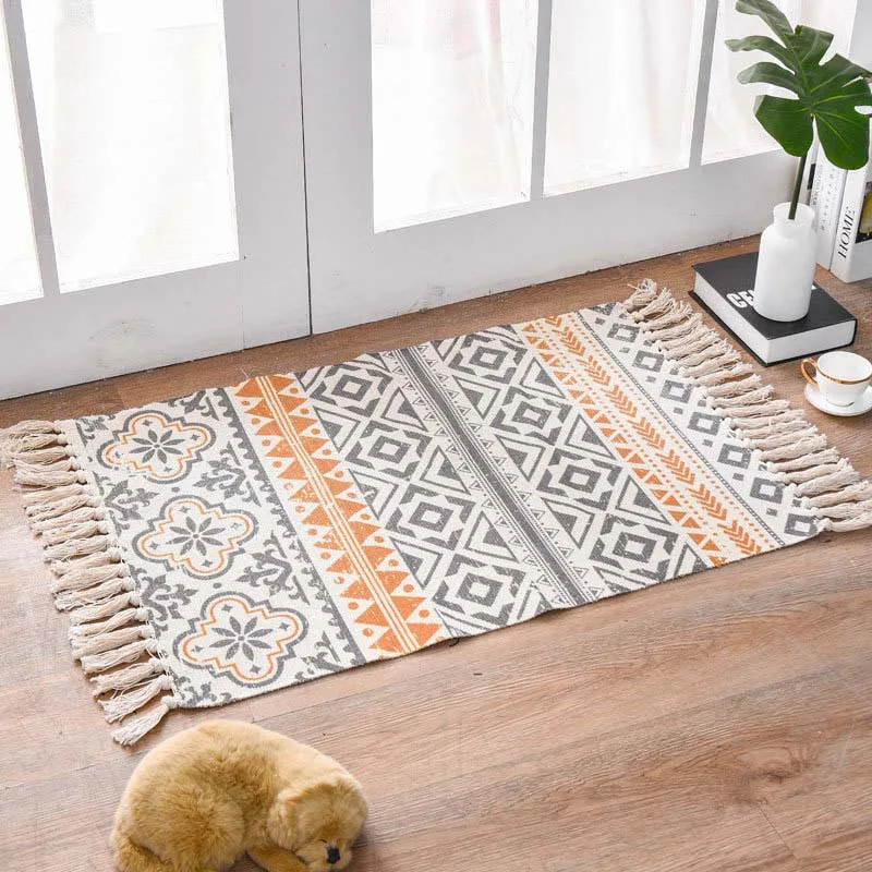 Bohemian Cotton Weave Welcome Door Mat Handmade Geometric Bathroom Carpet With Tassel Prayer Rugs