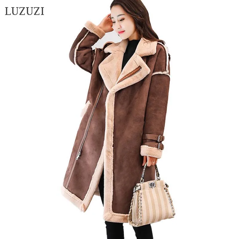 LUZUZI оленья овечья шерсть пальто женское осень зима новые длинные замшевые кожаные куртки бархатные корейские толстые теплые меховые пальто для женщин