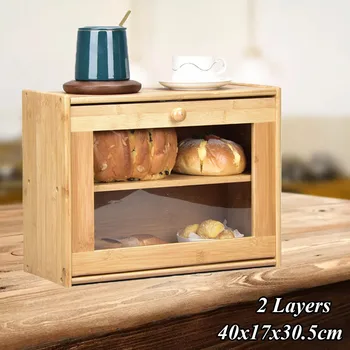 

Bamboo Bread Box with Clear Front Window Storage Box Bread Bin Handles Snack Box Kitchen Containers Home Decor