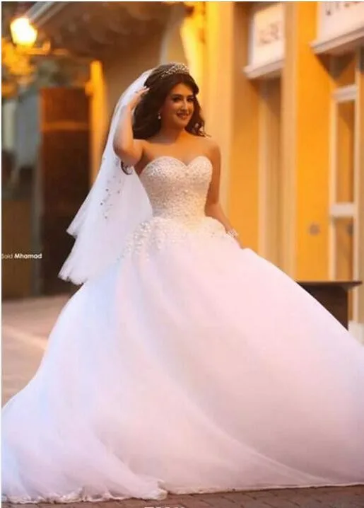 

2015 White Crystal Ball Gown Wedding Dresses Sweetheart Pearl Floor Length Wedding Gowns Vestidos De Novia Spring Bridal Gown
