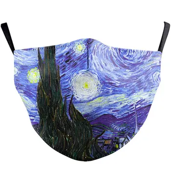 

1pcs Adult Protective Dust Maska Reusable The Starry Night Print Face Mask Van Gogh Oil Draw Mouth-Muffle Washable Fabric Masks