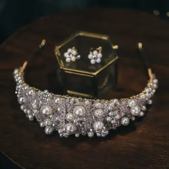

Bridal Hair Jewelry Baroque Pearls Crystal Tiaras and Crowns Party Dress Diadem Gold Hairbands For Brides Wedding Accessories