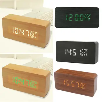 

LED Square Bedside Small Alarm Clock Innovative Gift Wooden Clock Voice Control LED Electric Clock Mini Square Alarm Clock