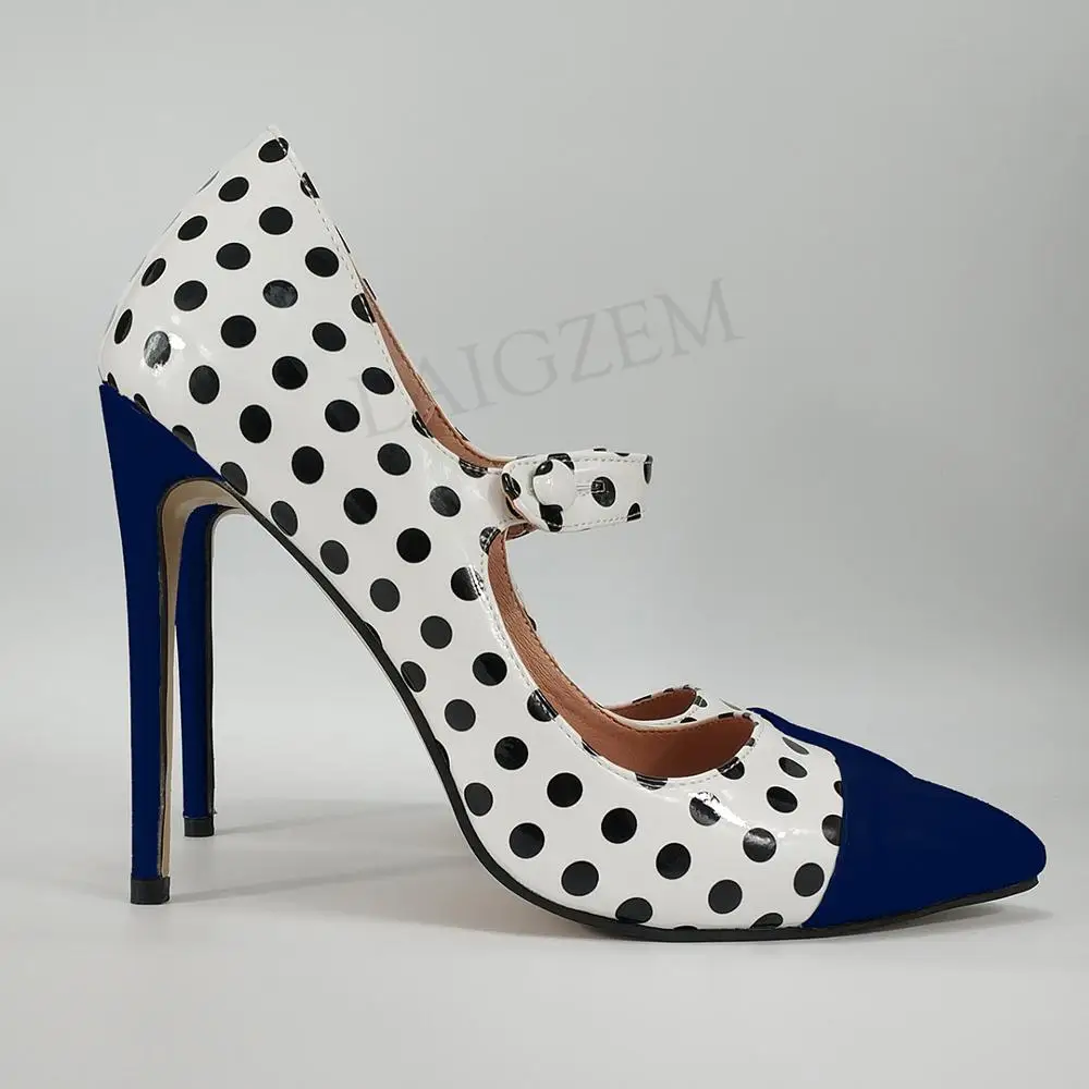 LAIGZEM/женские туфли-лодочки в горошек на каблуке Туфли Мэри Джейн на шпильке; 4 сезона; женская обувь; Zapatos Talon Femme; большие размеры 44, 45, 46, 47 - Цвет: Dark Blue