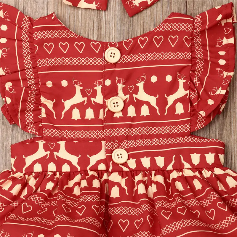 Kids Baby Girls Bodysuit Dress Infant Christmas Outfit 2Pcs Newborn Ruffles Red Jumpsuit+Headband Toddler Party Outfit Clothes