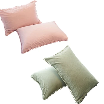

2Pcs Linen Ruffle Pillowcase Ruffled Pillow Cover Pillow Case - Green & Pink