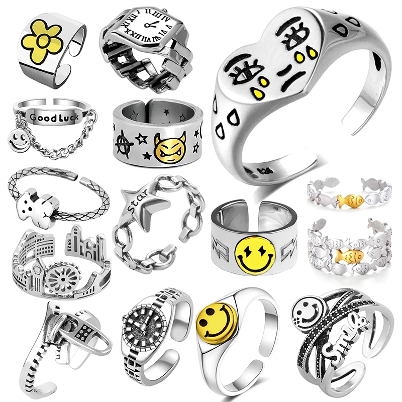 Ring For Women Girls Charm Smile Fashion Men Jewelry Vintage Ancient Silver Color Happy Smiling Punk Hip Hop Adjustable Boho,finger ring,silver ring,adjustable rings,jewelry accessories