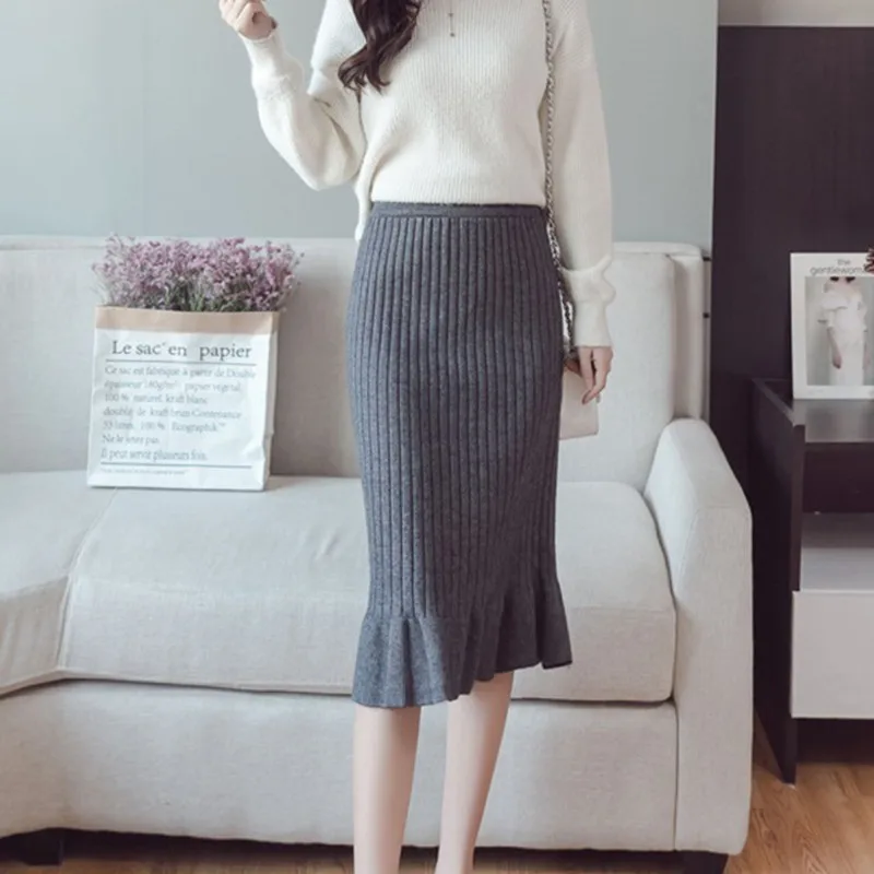 Women Skirts Long Knitting Autumn Winter Female Ruffle Midi Pleated Skirts Maxi Slim Bodycon Skirt Solid Ladies Office Skirt