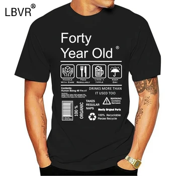 

Funny 40 Forty Year Old Package Care Label Instructions Information Guide Motif for 40th Birthday gift Mens Black t-shirt
