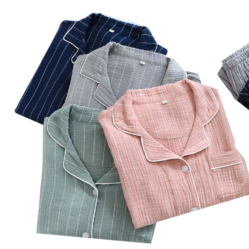 Spring & Autumn New Lovers Widestriped Crepe Pajamas Set Men Women