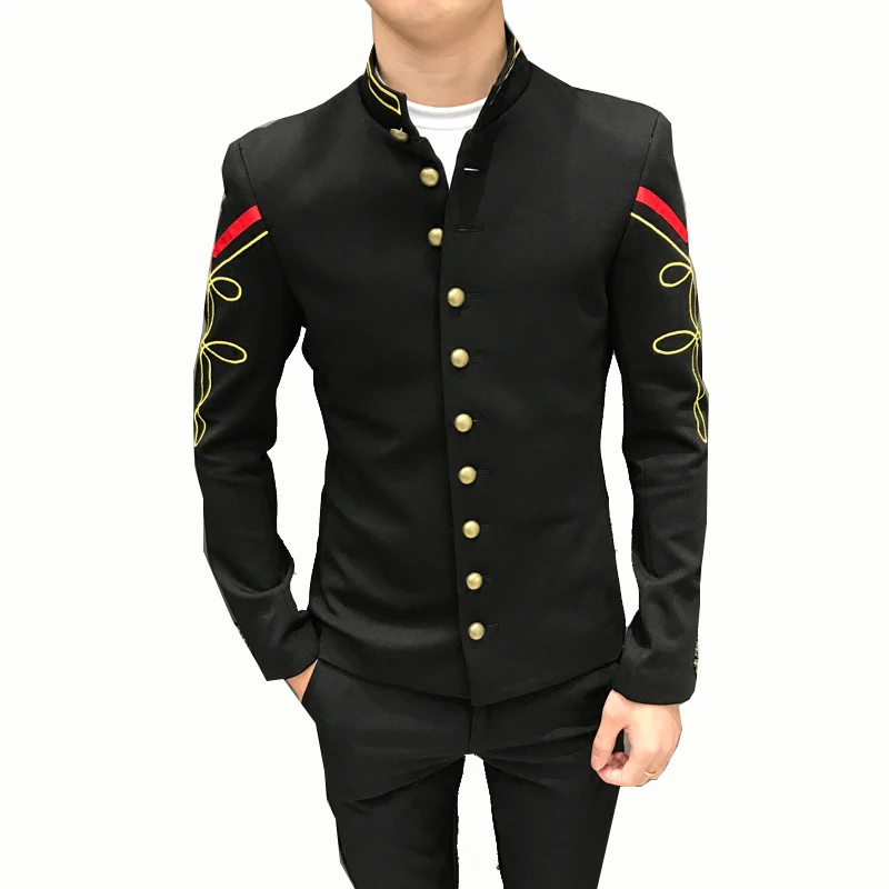 

4 Color Gold Button Chinese Collar Blazers Jacket Slim Fit Mens Blazer Pattern Army Pilot Jacket Men Black Blue Red White Blazer