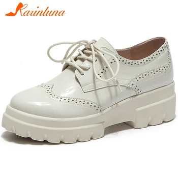 

KARINLUNA Girl Fashion Fretwork Shoes Casual lace-up Flats Women Spring New Quality Genuine Leather Flat Platform Shoes Woman
