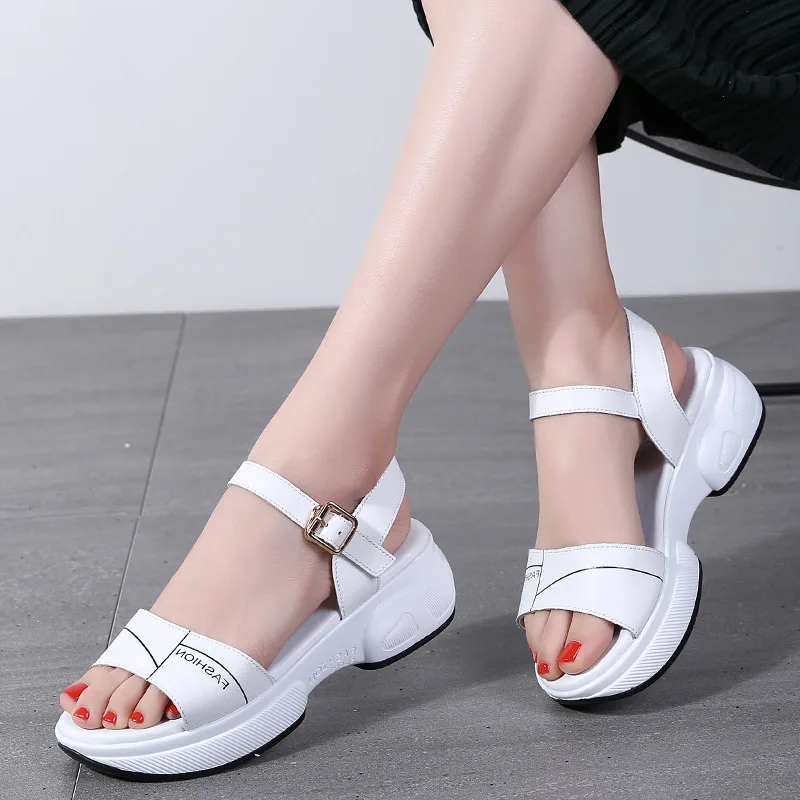 

Sandals Women's 2019 New Style Summer Genuine Leather Slanted Heel Thick Bottomed Semi-high Heeled A- line with Flat Versatile F