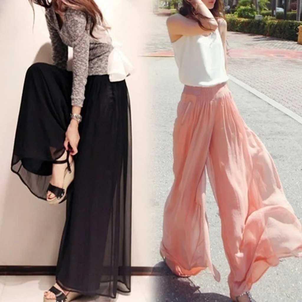 

Women Palazzo Pant 2019 Causal Wide Leg Pants for Women Chiffon Trouser Elegant Loose Pure Color Autumn Female Tulle Lining Pant