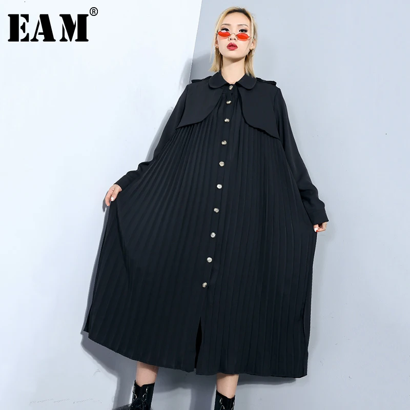 

[EAM] Women Pleated Split Big Size Long Trench New Lapel Long Sleeve Loose Fit Windbreaker Fashion Tide Spring Autumn 2020 1M642