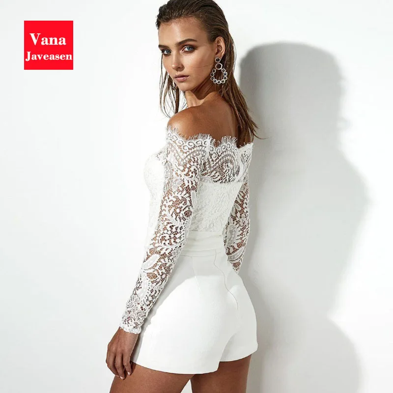 Vana Javeasen Elegant Lace White Women Playsuits Hollow Out Slash Neck Female Jumpsuit Sexy Off The Shoulder Party Boho Playsuit