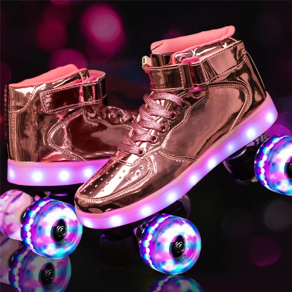 New Flash Skate Adult Double-Row Pulley Shoes Men Women 4-Wheel PU Children Luminous Roller Skates