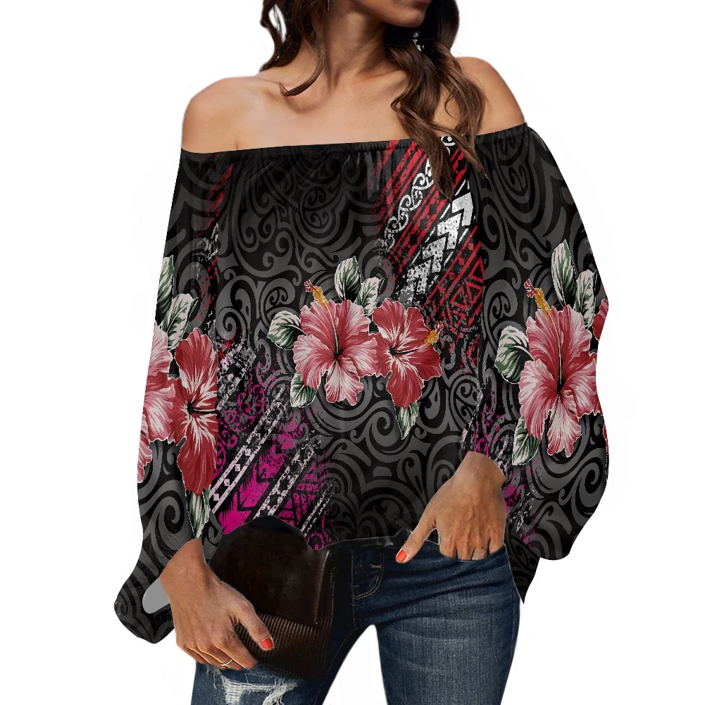 Women's Autumn Blouses 2021 Polynesian Hibiscus Print Women Chiffon Shirt Close Charm Off Shoulders Long Sleeve Women's Clothing