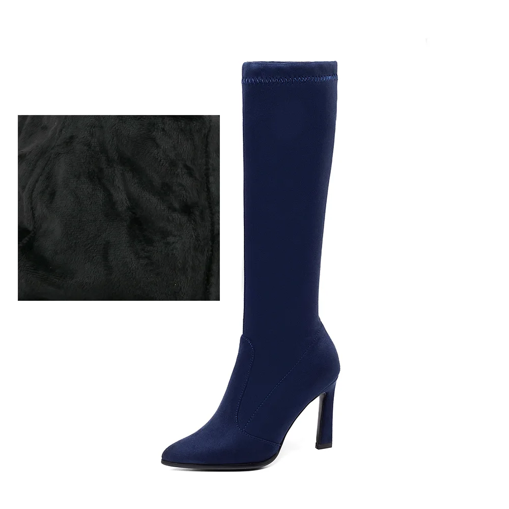 Blue Fake fur Женские эластичные сапоги до колена; леопардовые зимние сапоги для женщин; вечерние сапоги до колена с острым носком на тонком высоком каблуке; цвет черный, красный; размеры 34-43 - Цвет: Blue Fake fur