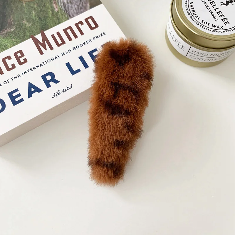 New Fashion Winter New Hair Clips For Women Girls Imitation Rabbit Fur Leopard Waterdrop Hairpins Hair Clips Girls Hair Jewelry - Окраска металла: Water Dark coffee