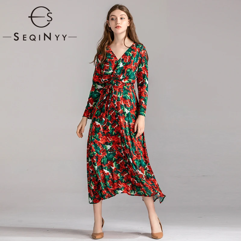 

SEQINYY Long Dress 2020 Spring Autumn New Fashion Design Red Hydrangea Printed V neck Elegant Dress Women High Quality