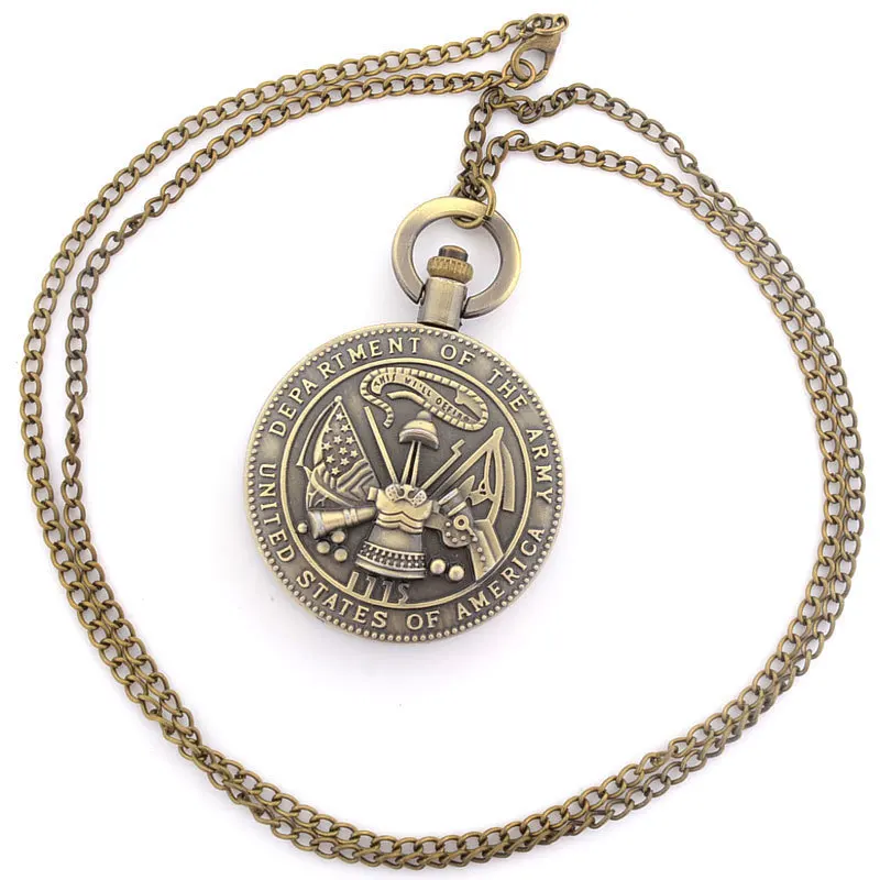 IBEINA Steampunk Vintage US Army Theme Pocket Fob Watch Retro Necklace Watch with Round Hanging Ring