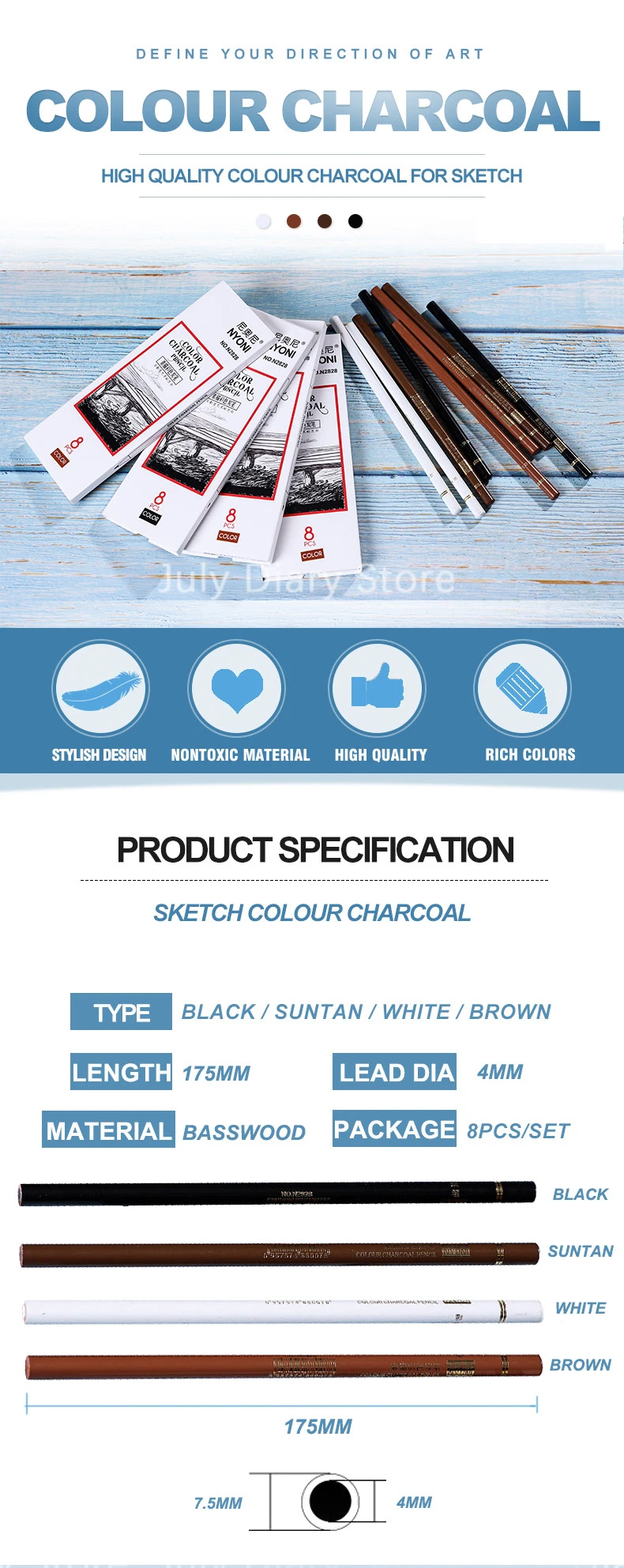 Kit de dessin,NYONICrayon à charbon incassable N2828,blanc,noir,marron,suntan,fournitures d'art