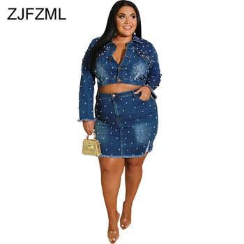 

Beaded Embellished Sexy 2 Piece Matching Sets Women Turn Down Collar Long Sleeve Jacket +Bodycon Mini Skirt Suits Vintage Outfit