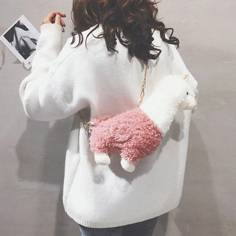Funny Cartoon Plush Alpaca Animal Shape Bag Creative Spoof Fashion Shoulder Bag Women'S Messenger Bag Girls Cute Flap Bag,Pink