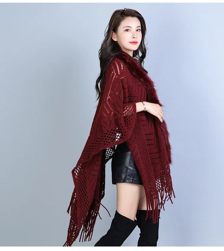 Wine Red Женские шубы из искусственного меха на осень-зиму женский свитер-кардиган с рисунком лисы меховой воротник пончо накидка Свадебная шерстяная шаль шарф-шаль - Цвет: Wine Red