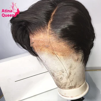 

Invisible 13X4 Short Pixie Cut Wig Human Hair Pre plucked 150 density Side Part Remy Atina Queen Black Women Bob Lace Front Wig