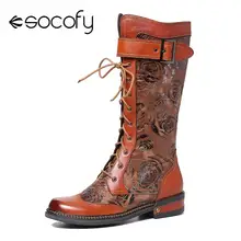 SOCOFY/Сапоги до середины икры из натуральной кожи с тиснением и розами; элегантная женская обувь; botas Mujer