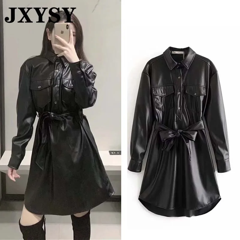 JXYSY, английское уличное винтажное платье из искусственной кожи с карманами и поясом, женское платье, vestidos de fiesta de noche vestidos, мини-платье для вечеринки