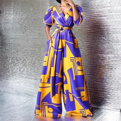 2021 Summer Waist Strap High Waist V-neck Print Wide Leg Pants African Jumpsuit