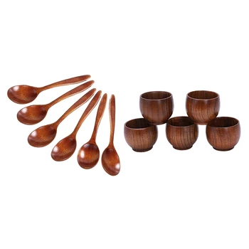 

6 Pcs Coffee Spoon Ecological Wood Kitchen Utensil Spoon & 5 Pcs Creative Tea Set Small Wooden Cup