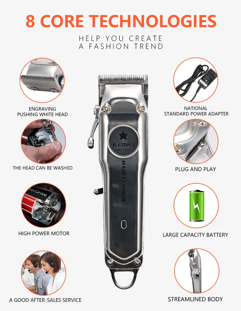 Kemei Barber Shop Rechargeable Hair Clipper Electric Hair Trimmer Professional Haircut Shaver Beard Trimmer Machine All Metal