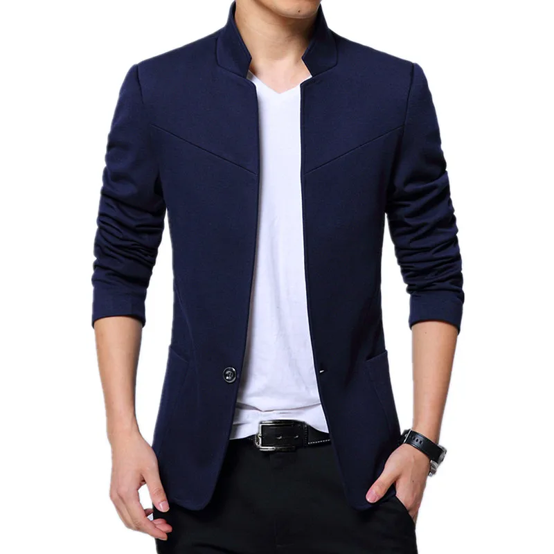 Брендовый Блейзер Для мужчин куртки с воротником стойкой и Пиджаки Slim Fit s пиджак