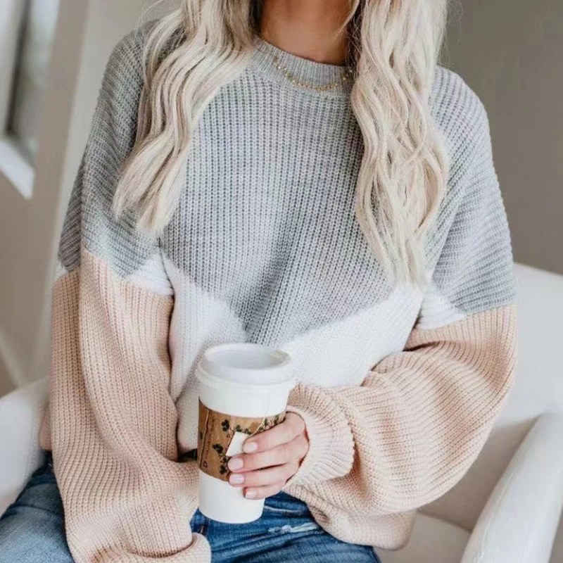 

Loose Knitted Sweater Women Jumpers Long Sleeve Woman Pullovers Sweaters Casual 2020 Autumn Winter Color Block Striped Sweater