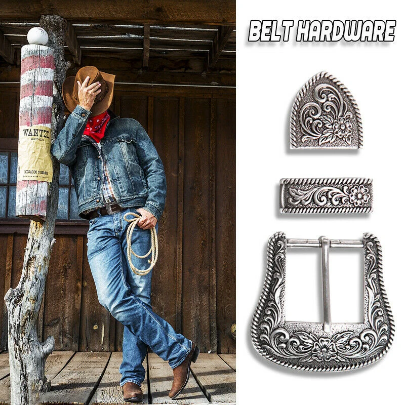 

High Western Retro Floral Engraved Antique Belt Buckle Set 3pcs Fits 38mm Belt Decor DSM
