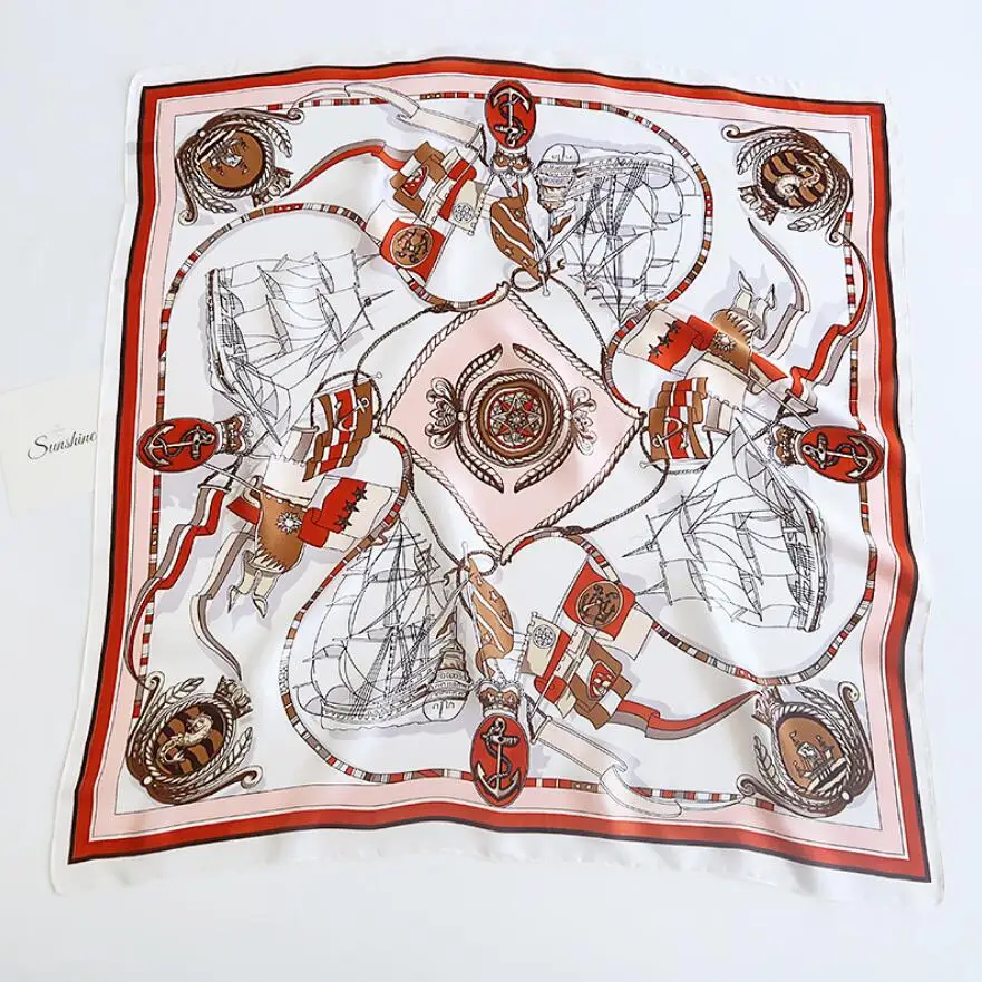 

Women Silk Square Scarf 2020 New Anchor Print Chain Badge Neck Scarf Girls Printed Satin Neckwear Handkerchief 70*70cm