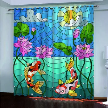 

SOFTBATF Koi Printing Curtain Blackout Curtains Fabric Drapes Window Curtains For living Room Bedroom Dropshipping