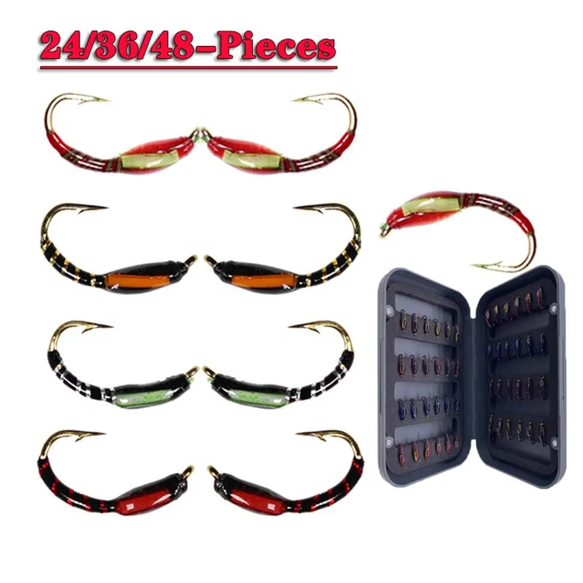 

24-48Pieces Box Peacock Quill Nymph Fly Buzzer Flies Natural Color Size 10 Fly Fishing Trout