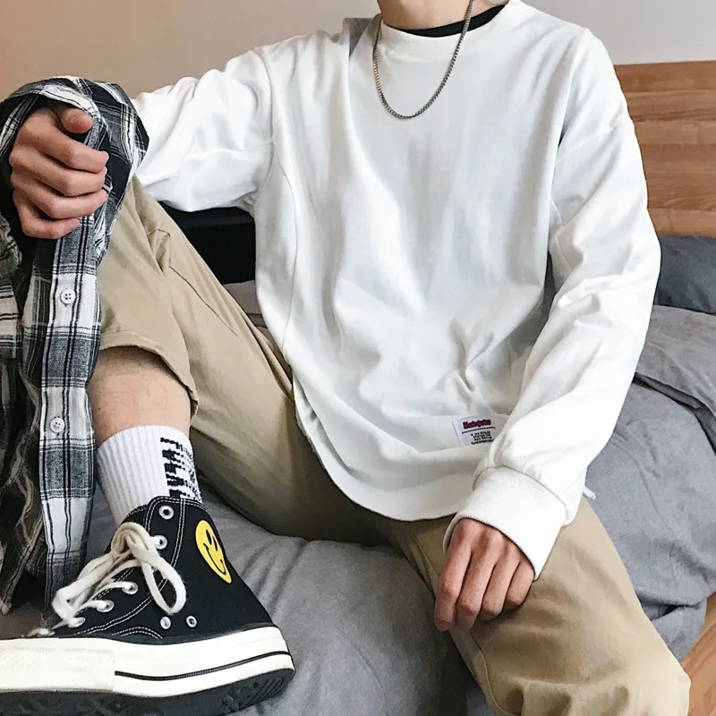 2019 Men's Spring And Autumn New Casual Solid Color Long-sleeved Round Neck T-shirt Loose Harajuku Temperament Trend Cotton