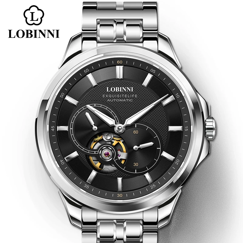 Japan MIYOTA Luxury Brand LOBINNI Automatic Mechanical Men's Waterproof Steel Wristwatches Fashion Design Male Watches - Цвет: Black