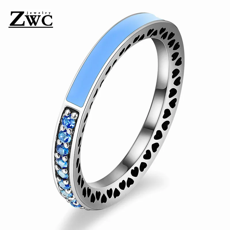 ZWC модный Сияющий светильник в виде сердец с розовой эмалью и прозрачным CZ кольцом на палец для женщин, кольца с кристаллами из медного сплава, ювелирные изделия в подарок - Цвет основного камня: LightBlue