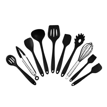 

10PCS Silicone Kitchenware Non-stick Silicone Kitchenware Set Home Cooking Shovel Spoon Tool Black