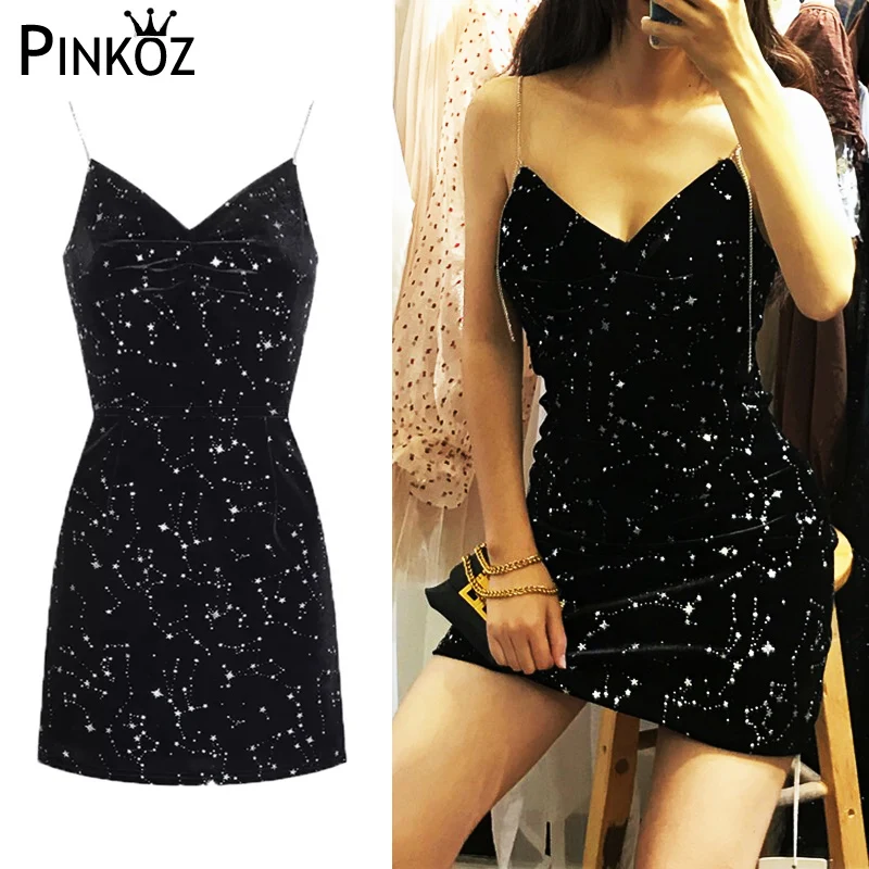 Pinkoz Women Spaghetti Strap Black Velvet Dress New Fashion Sexy V-neck Backless Empire Slim Mini A-line Party Star | Женская одежда