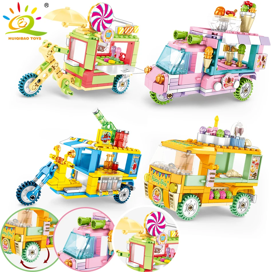 

542Pcs Street View Roadside Market Dining Car Trolley Building Blocks Legoingly City Bicycle Bricks Toys Children Give Figures